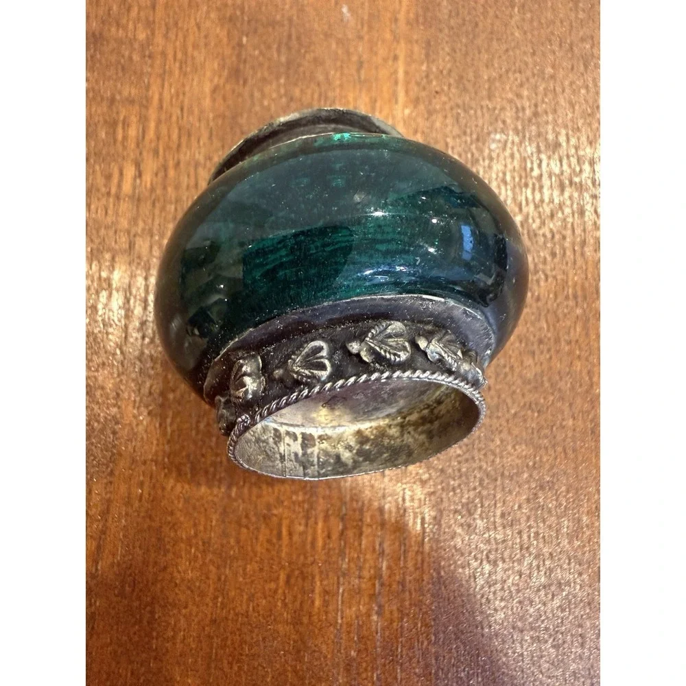 VTG  Sterling silver Plated Dark Jade Pill/ Trinket/ Snuff Green Jade Glass Jar